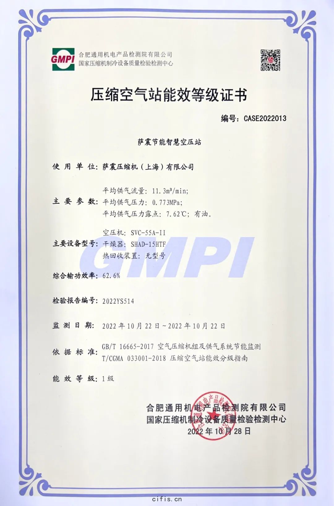 薩震節(jié)能(néng)空壓(yā)機壓縮(suō)空氣(qì)站(zhàn)能效(xiào)證書(shū)